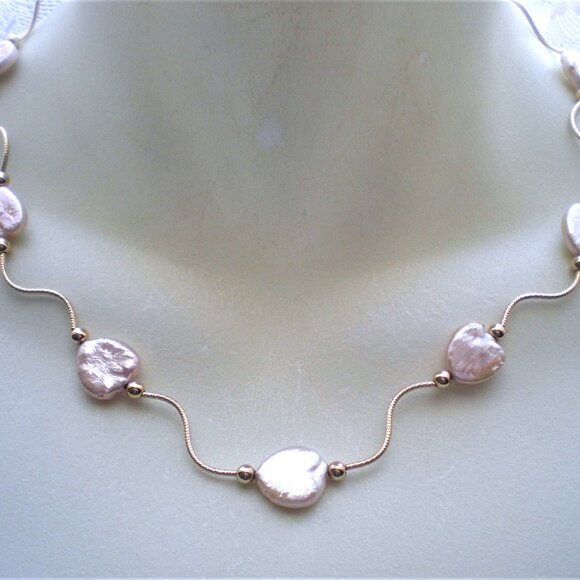 Designer Solid 14K Yellow Gold Pink White Heart Coin Pearl Necklace Chain
